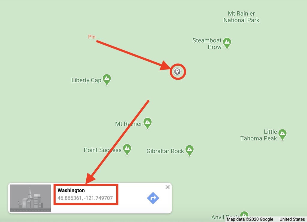 Coordinates of a pin in Google Maps