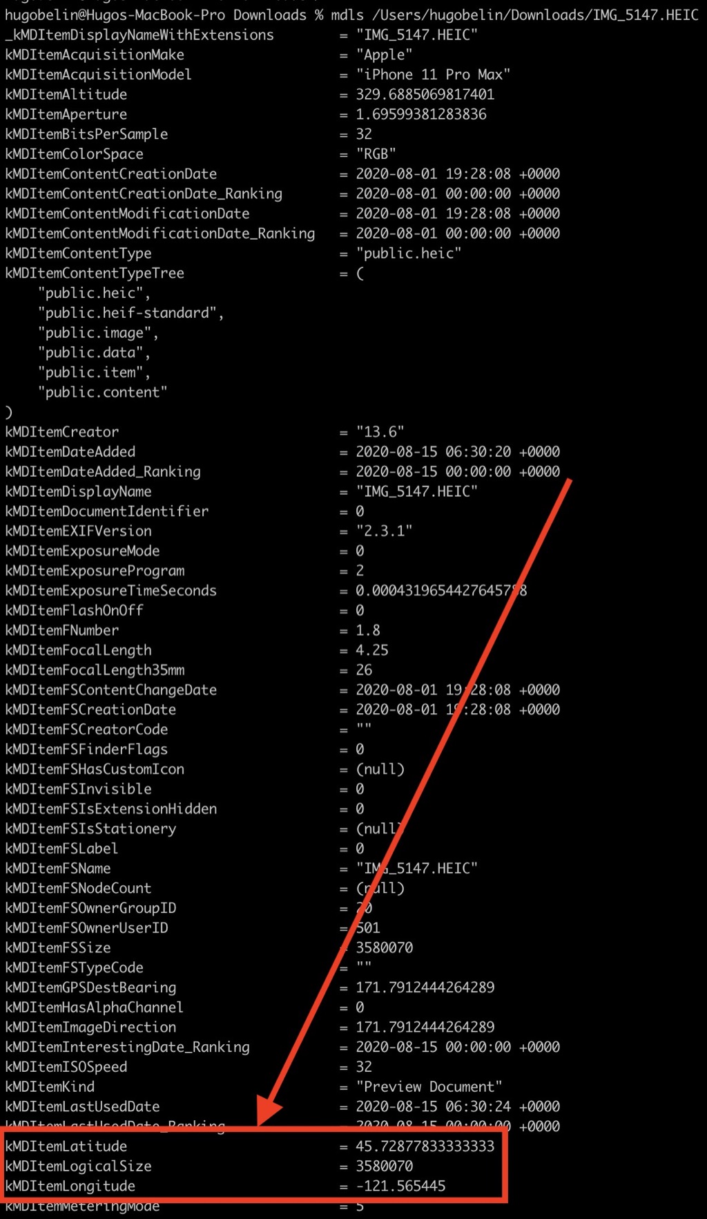 Read photo coordinates using mdls command