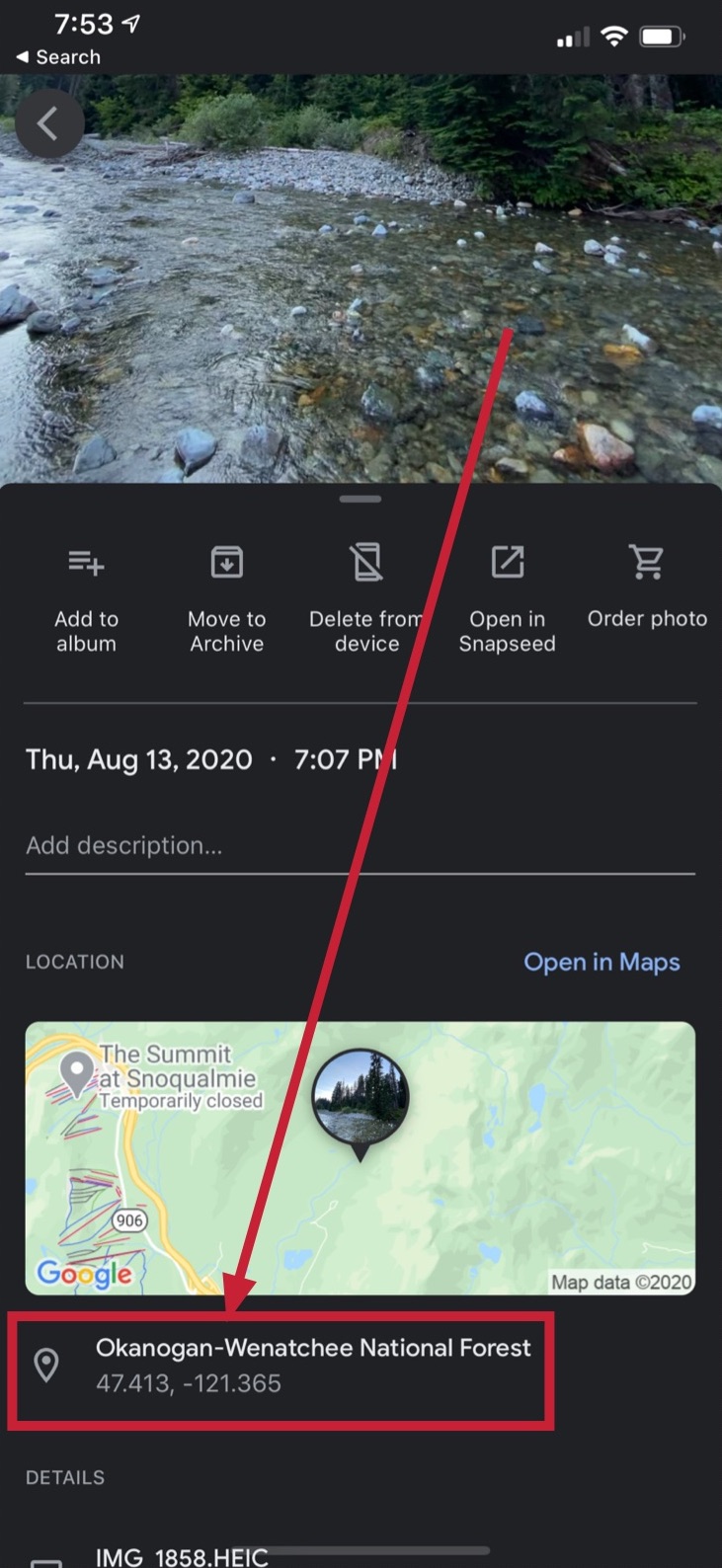 Coordinates of a given photo in Google Photos App