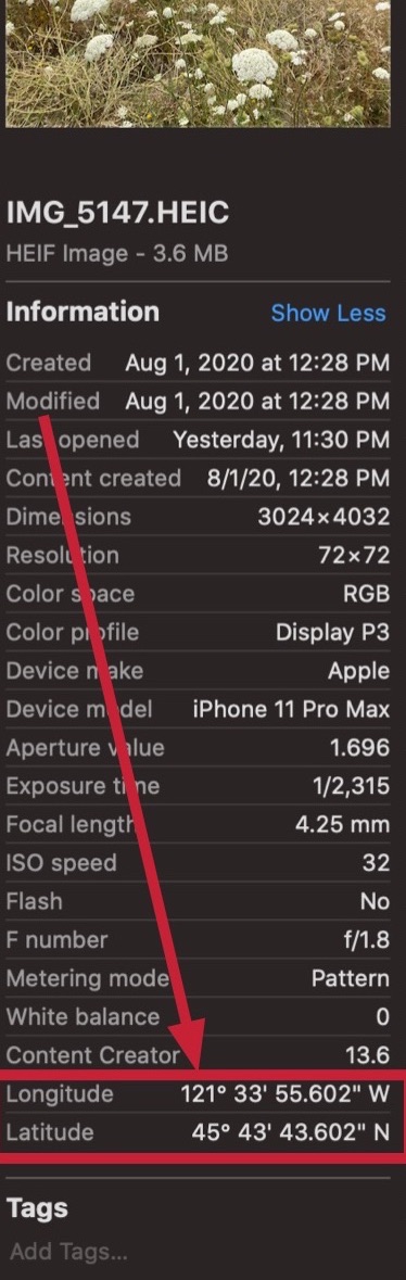 Photo coordinates from metadata on Mac