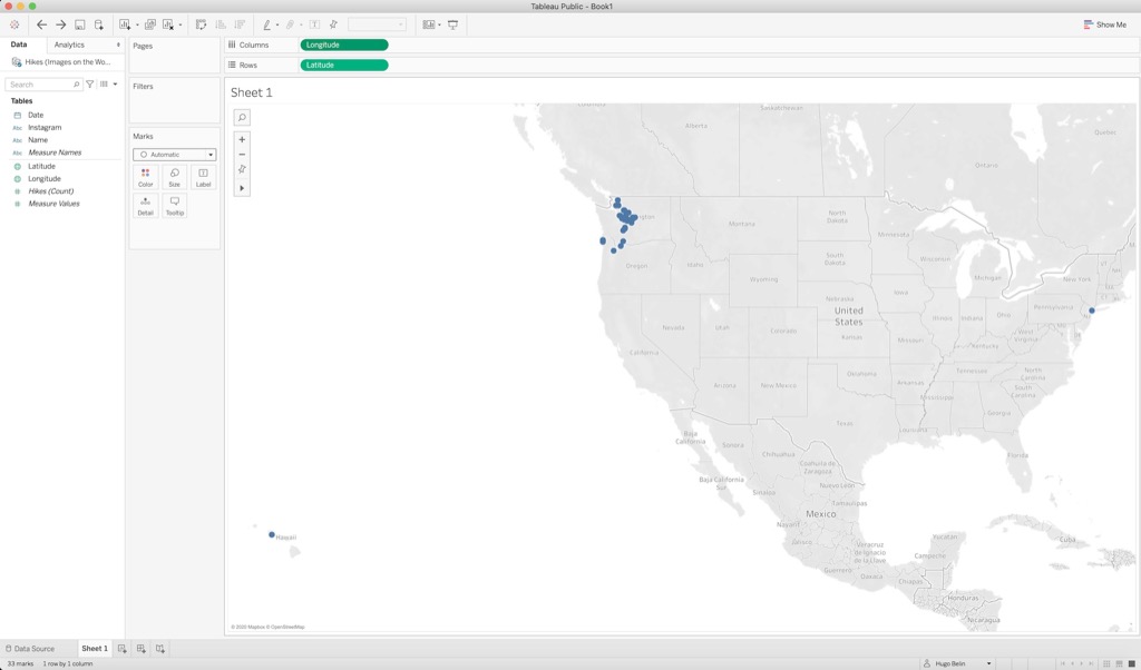 Mapa construido usando los campos Latitude y Longitude